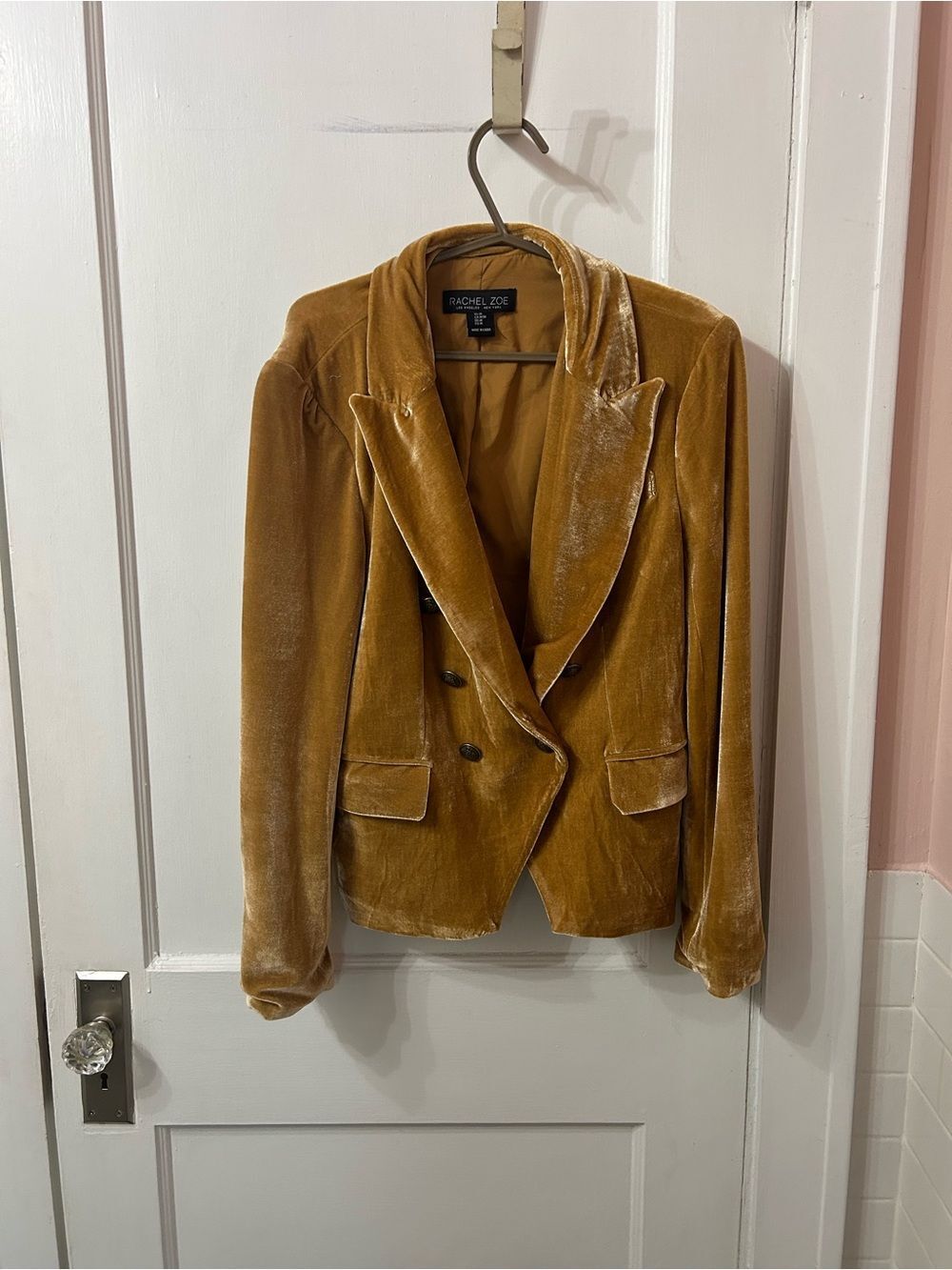 Rachel Zoe Golden Mustard Velvet Double-Breasted Blazer